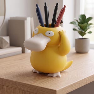 Peut inclure: Un porte-stylo en forme de personnage jaune ressemblant à un canard, doté d'un grand bec pâle et d'yeux blancs. La figurine a les mains levées vers la tête et contient quatre stylos bleus, noirs et rouges. La base est arrondie avec des pattes palmées.