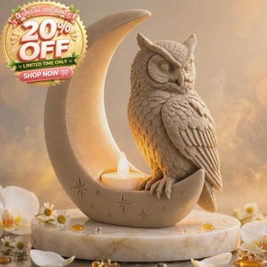 Owl on Crescent Moon Candle Holder, 3D Printed Celestial Tealight Holder, Boho Home Decor, Witchy Owl Statue, Bookshelf Gift