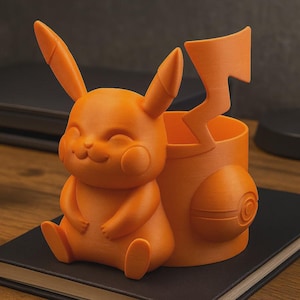Può includere: Un organizer da scrivania bianco a forma di Pikachu che contiene penne e matite. L'organizer presenta una figura di Pikachu sorridente con lunghe orecchie e un supporto cilindrico con un design a fulmine. L'accessorio da scrivania è realizzato in materiale liscio e opaco.