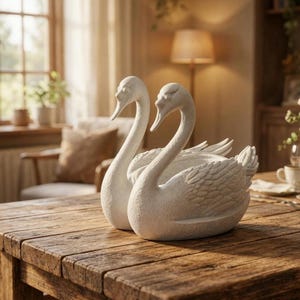 May include: Two white swan figurines with detailed feather textures sit on a rustic wooden table. The swans have long, curved necks and are positioned close together. The background includes a window, chair, and other decorative elements.