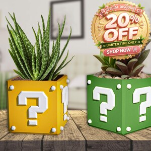 Super Mario Question Cube Planter - Nostalgic 3D Printed Gaming Decor, Gamers Gift