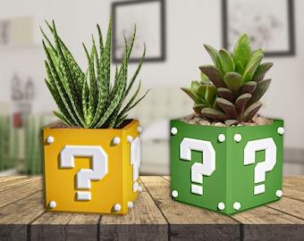 Mario Question Block Planter, 3D Printed Succulent Pot, Video Game Flower Pot, Nintendo Gamer Gift, Gaming Desk Decor