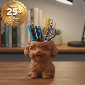 Adorable organizador de escritorio/maceta con forma de perro caniche - Marrón - Impresión 3D - Regalo ideal para el Día de la Madre
