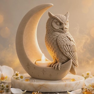 Owl on Crescent Moon Candle Holder, 3D Printed Celestial Tealight Holder, Boho Home Decor, Witchy Owl Statue, Bookshelf Gift