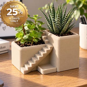 Desk Plant Pot, Modern Villa Two-Tier 3D Printed Succulent Planter, Architectural Office Garden Plant Decor