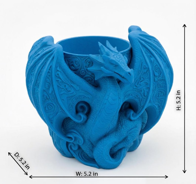 Blue Mythical Dragon Desk Organizer:  Displaying its dimensions.
- Width: 5.2 inches
- Height: 5.1 inches
- Depth: 5.9 inches.