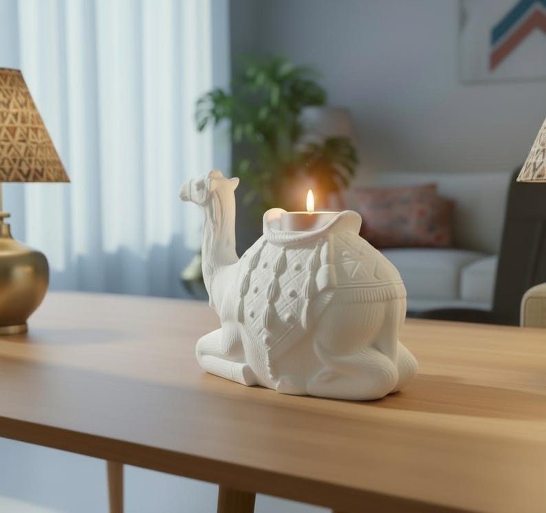 May include: A white ceramic camel-shaped candle holder with a lit candle. The camel is in a seated position with detailed saddle and blanket designs. The candle holder is on a wooden table.