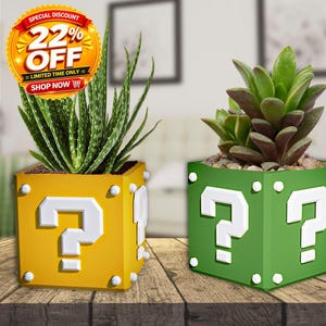 Maceta con forma de cubo de preguntas de Super Mario: decoración nostálgica de videojuegos impresa en 3D, regalo para gamers