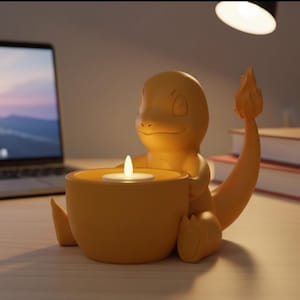 May include: A yellow Charmander-shaped candle holder with a lit white candle inside. The figure is sitting on a wooden surface, with a laptop and books in the background. The candle holder has a flame-shaped tail.