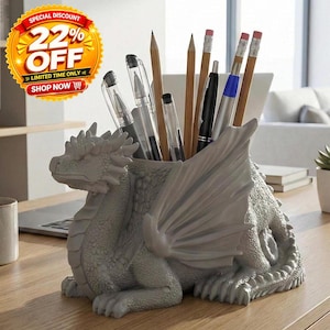Seated Dragon Pen Organizer | Fantasy Office Accessory | 3D Printed Pencil Storage for Gamers & Dragon Lovers