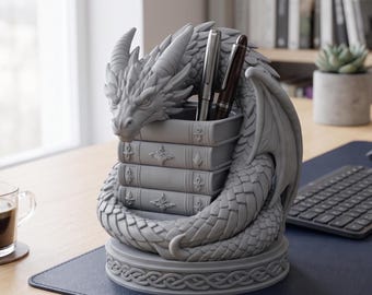 Dragon Pen Holder, Coiled Dragon Book Stack, 3D Printed Fantasy Desk Organizer, Dragon Home Decor, Reader Gift, Housewarming Gift