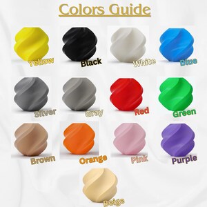 May include: A color guide featuring twelve spiral-shaped objects in various colors, including yellow, black, white, blue, silver, gray, red, green, brown, orange, pink, and purple. The text "Colors Guide" is at the top, with each color labeled.