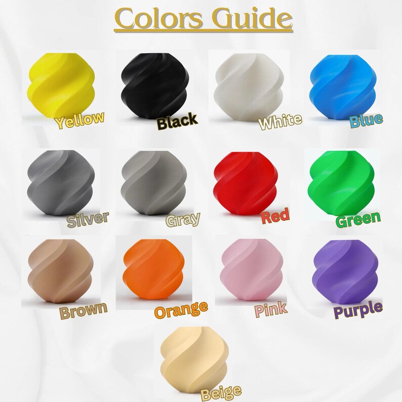 May include: A color guide featuring twelve spiral-shaped objects in various colors, including yellow, black, white, blue, silver, gray, red, green, brown, orange, pink, and purple. The text "Colors Guide" is at the top, with each color labeled.