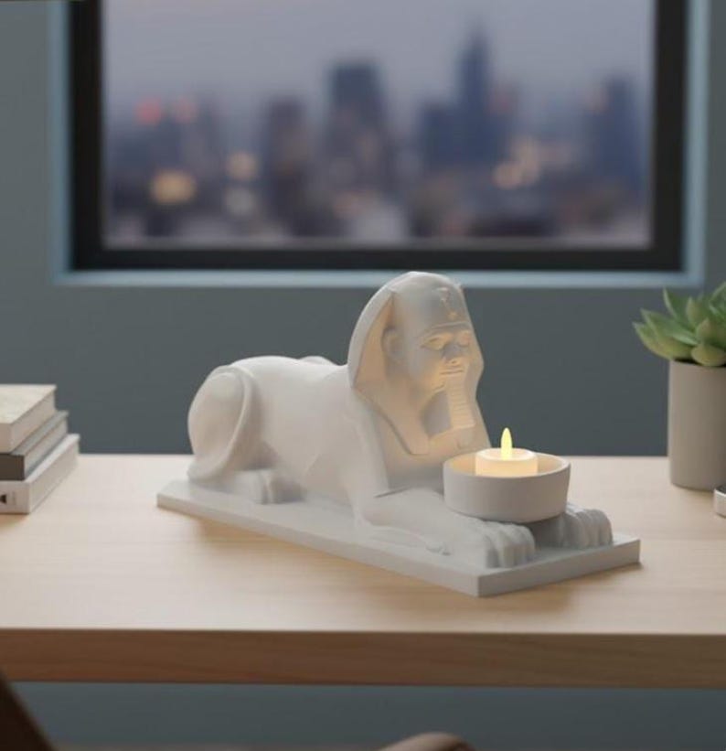 K&ouml;nnte beinhalten: Eine wei&szlig;e Sphinx-Statue aus Keramik mit integriertem Kerzenhalter. Die Statue steht auf einem rechteckigen Sockel und h&auml;lt eine brennende Teelichtkerze. Im Hintergrund eine verschwommene Stadtlandschaft und eine Sukkulentenpflanze.
