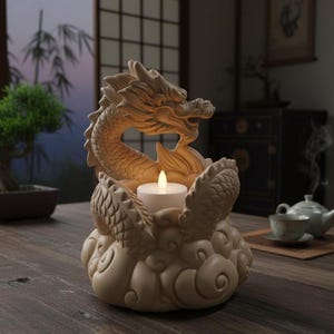 Könnte beinhalten: Ein beigefarbener Drachen-Kerzenhalter. Der Drache ist mit komplizierten Details geformt und hält eine weiße Kerze. Die Basis ist ein Wolkenmuster. Der Kerzenhalter steht auf einem Holztisch, im Hintergrund ein Bonsai-Baum und ein Teeservice.