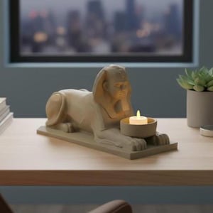 K&ouml;nnte beinhalten: Ein beigefarbener Sphinx-Kerzenhalter mit einer brennenden Kerze. Die Sphinx liegt in einer liegenden Position, mit detaillierten Gesichtsz&uuml;gen und einem kleinen, runden Kerzenhalter davor. Der Kerzenhalter steht auf einem rechteckigen Sockel.