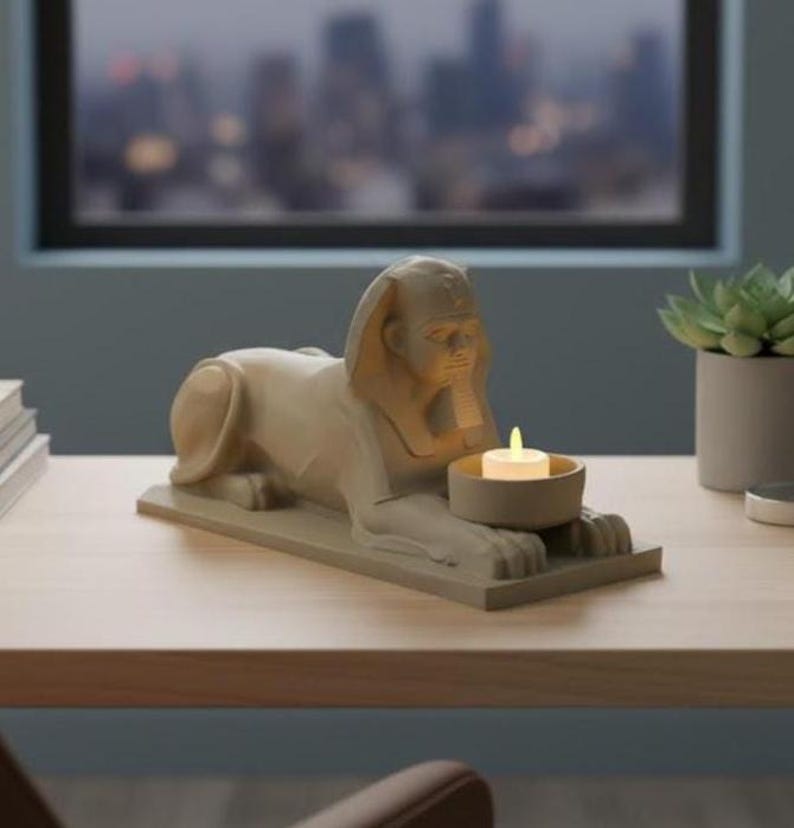 K&ouml;nnte beinhalten: Ein beigefarbener Sphinx-Kerzenhalter mit einer brennenden Kerze. Die Sphinx liegt in einer liegenden Position, mit detaillierten Gesichtsz&uuml;gen und einem kleinen, runden Kerzenhalter davor. Der Kerzenhalter steht auf einem rechteckigen Sockel.