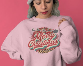 Retro Merry Christmas Sweatshirt, Vintage Christmas Crewneck For Women, Xmas Holiday Gift Sweater