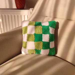 Hand tufted green checkered small pillow with non-removable insert, decorative throw pillow for funky homes