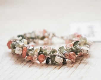 Agate mousse, Quartz rose, Prehnite, Bracelet en pierres précieuses naturelles Haulite - « Ether » - bijoux tendance et féminins
