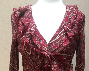 Vintage 1990's red paisley ruffle bell sleeve dress