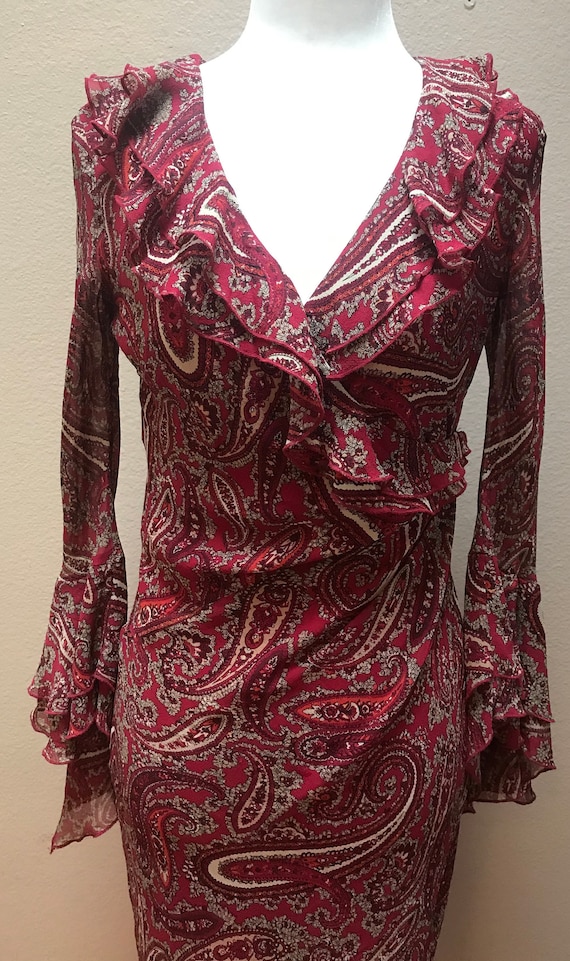 Vintage 1990's red paisley ruffle bell sleeve dres