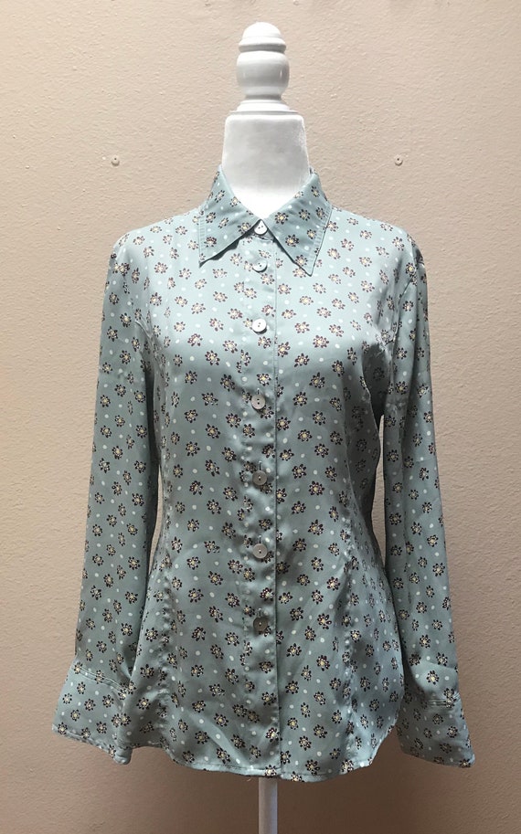 Vintage 1970's baby blue brown daisy blouse