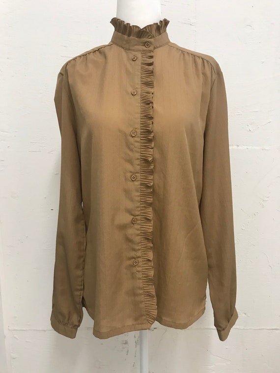 Vintage 1970's Beige Tan Taupe Blouse with ruffle 