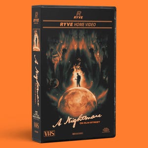 May include: A black VHS tape case featuring the title A Nightmare on Elm Street in orange script. The cover art displays a silhouette of a figure standing on a large orange moon against a dark, smoky background with the Ryve Home Video logo.