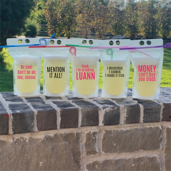 5x Real Housewives New York Heavy Duty Drink Alcohol Pouches With Straw Resealable Plastic Zipper Lake Pool Party Travel RHONY Choose Colors