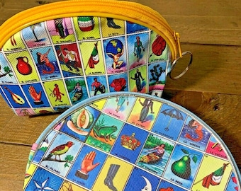 2PC Loteria Coin Wallet, Loteria Party Favors Bags, Bingo Loteria Purse with Zipper, Unique Gifts, Folk Art Clutch, Mexican Loteria Colors