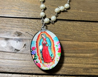 Virgen de Guadalupe fashion pearl necklace- Our Lady of Guadalupe pearl necklace