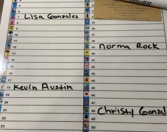 Laminated Loteria Raffle Note Sheet, Bingo Chalupa Numbers and Images and Names Box with 1 Dry Erase Marker - 2 column - design handmade