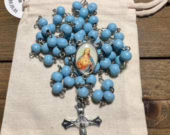Sacred Heart Rosary Beads, Blue Rose Scented Wood Beads, Rosary from Jerusalem, Easter Gift, Praying Rosary Religious gift