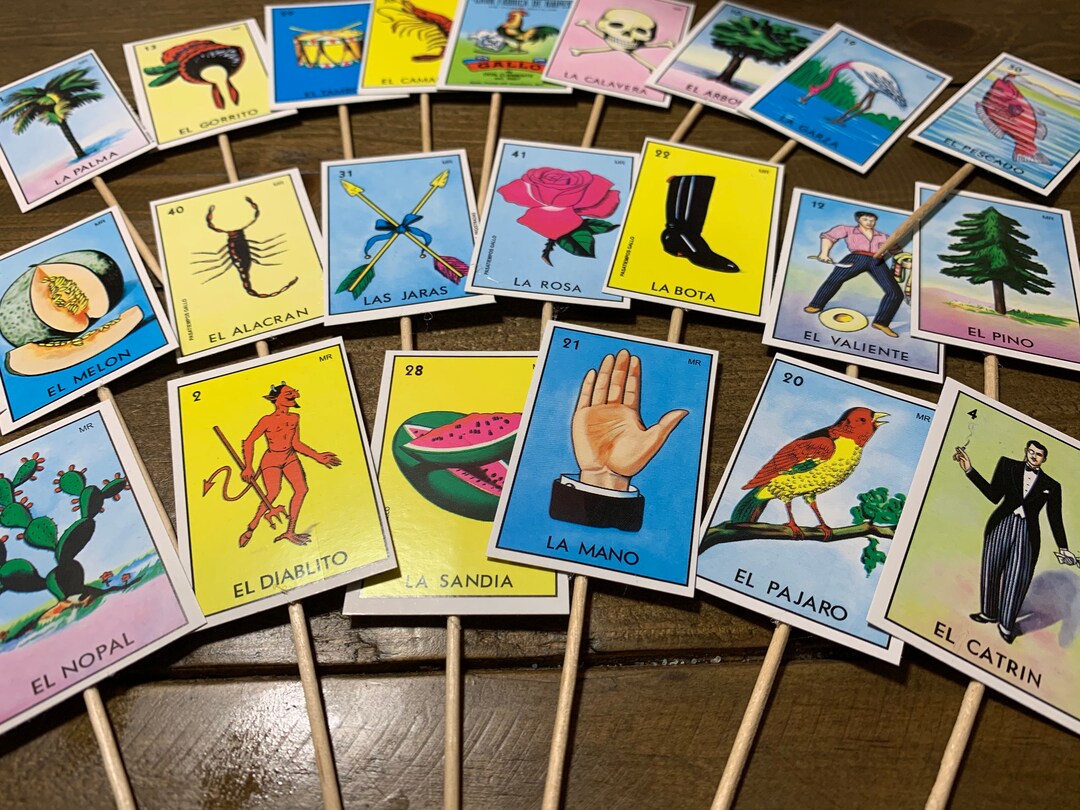 Sets of Lotería Bingo Cupcake Toppers Double Sided, Fiesta Cupcake