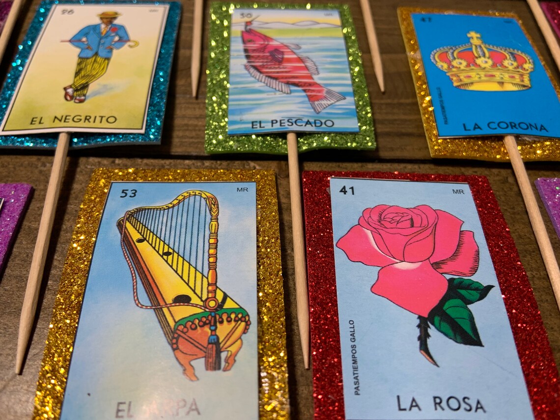 Set of 12 24 36 Lotería Bingo Cupcake Toppers Fiesta Etsy