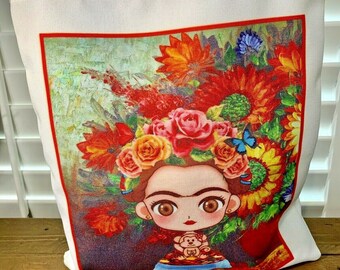 Frida Kahlo Tote Bag, Shopping Canvas Bag Reusable, Frida Kahlo Artist Tote Shoulder, Frida Kahlo Tote Bag Flowers-Orange