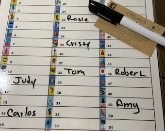 Laminated Loteria Raffle Note Sheet Bingo Chalupa Numbers and Images and Names Box with 1 Dry Erase Marker - Three Column Design & Laminated