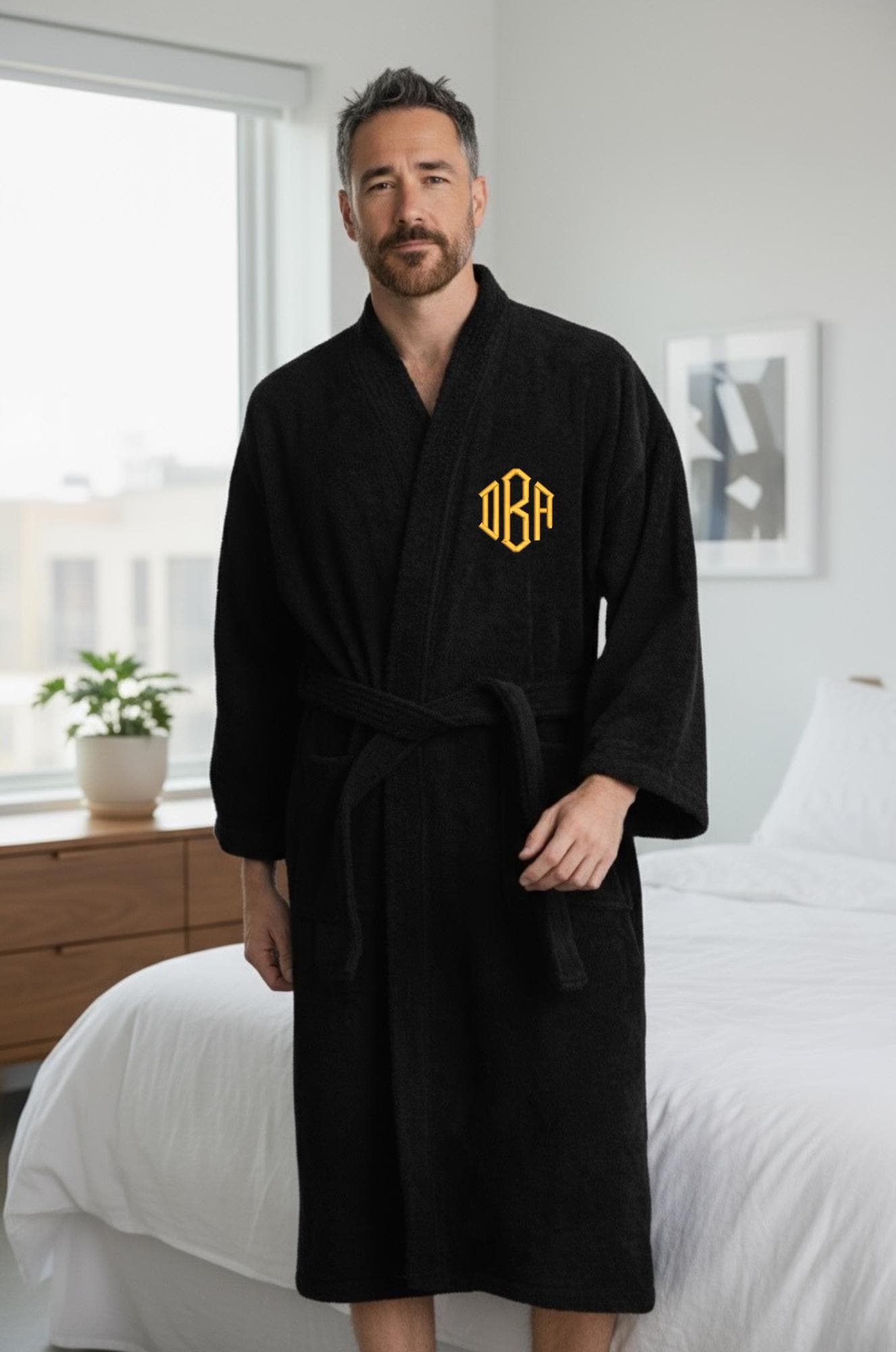 green emerald velvet dress Men's Silky L/S Black Embroidered Dressing Gown Smoking Jacket Asian Y –  Phoenix Menswear main image 0