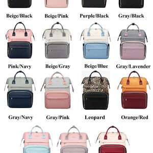 May include: A collection of multi-pocket diaper bags in various colors, including beige, pink, purple, gray, navy, and leopard print. Each bag has a top handle and adjustable straps. The bags are organized in a grid.