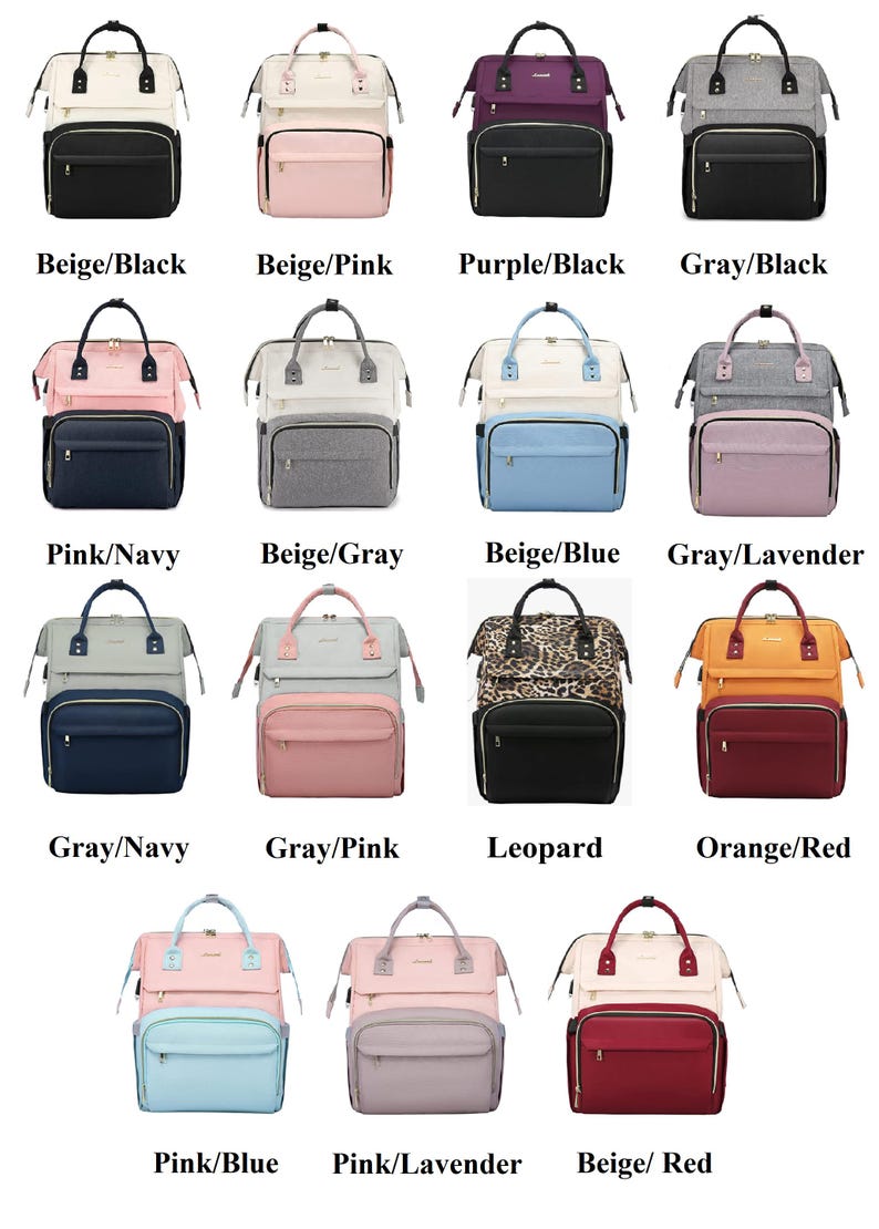 May include: A collection of multi-pocket diaper bags in various colors, including beige, pink, purple, gray, navy, and leopard print. Each bag has a top handle and adjustable straps. The bags are organized in a grid.