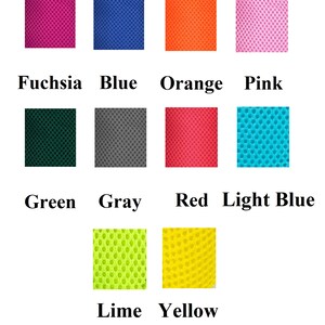 May include: A chart displaying 10 different colours of mesh fabric. The colours are fuchsia, blue, orange, pink, green, grey, red, light blue, lime, and yellow.