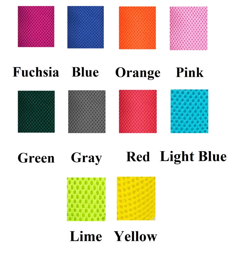 May include: A chart displaying 10 different colours of mesh fabric. The colours are fuchsia, blue, orange, pink, green, grey, red, light blue, lime, and yellow.