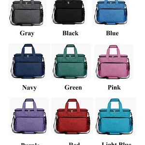 May include: Nine different colored tote bags with a zippered top and a long shoulder strap. The colors are gray, black, blue, navy, green, pink, purple, red, and light blue.