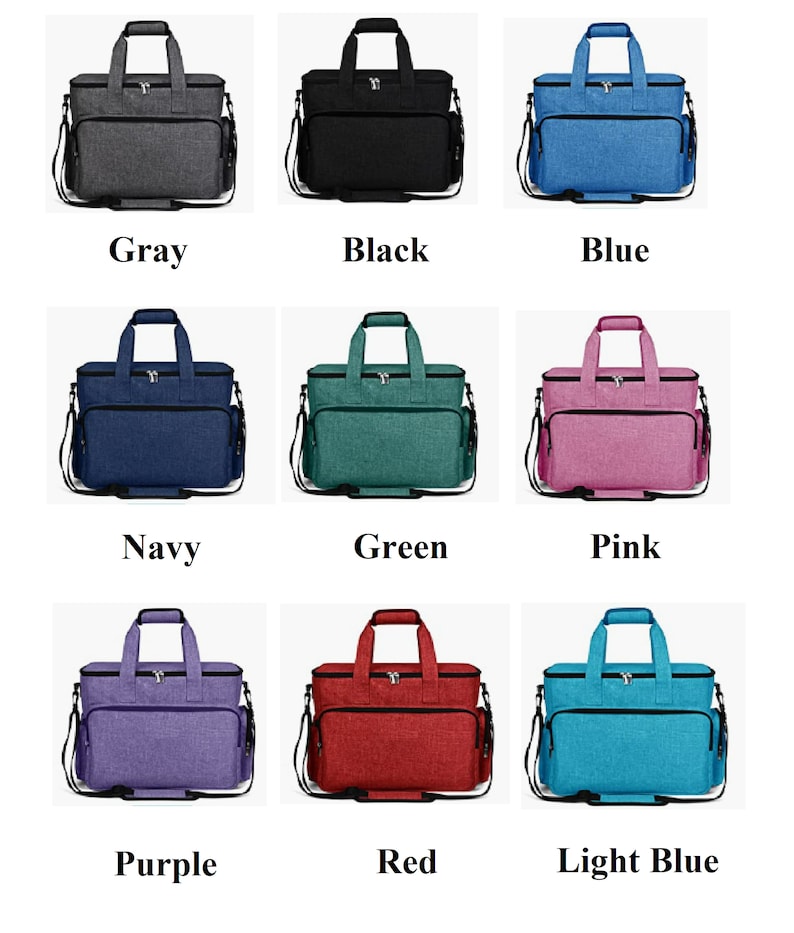 May include: Nine different colored tote bags with a zippered top and a long shoulder strap. The colors are gray, black, blue, navy, green, pink, purple, red, and light blue.
