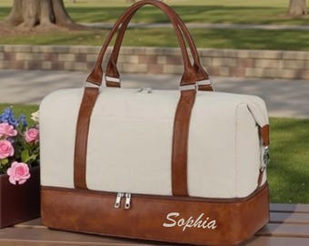 Personalized Women's Weekender Bag: Striped Felt & Leather Travel Duffle