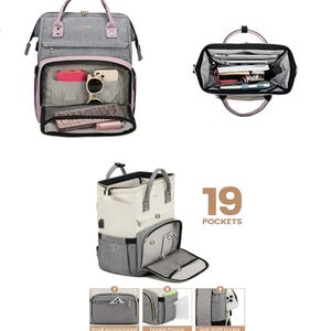 May include: A gray and pink backpack with multiple compartments, including a front pocket with mesh dividers. The bag has a top handle and adjustable shoulder straps. The image also shows the inside of the bag with various items and a close-up of the bag's pockets.