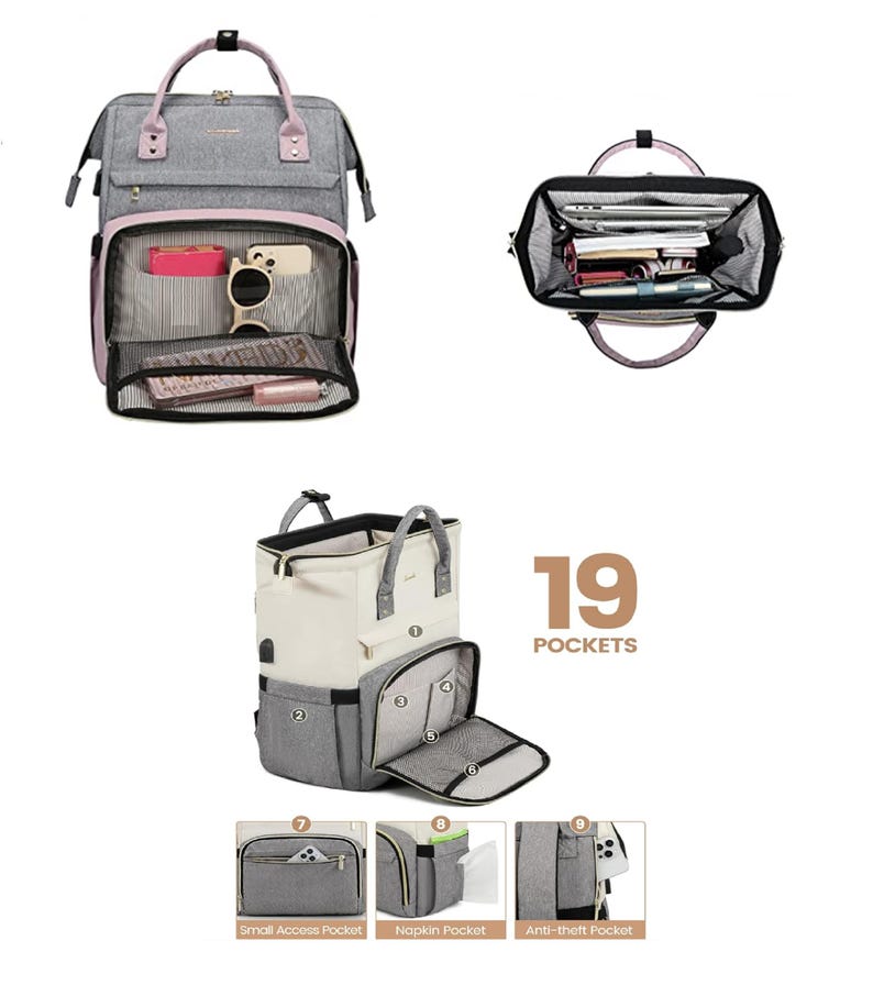 May include: A gray and pink backpack with multiple compartments, including a front pocket with mesh dividers. The bag has a top handle and adjustable shoulder straps. The image also shows the inside of the bag with various items and a close-up of the bag's pockets.