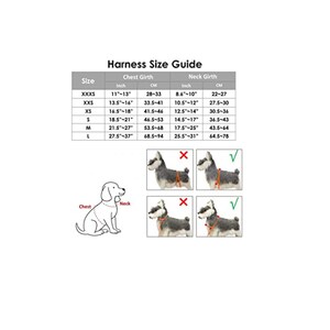 May include: A chart showing a harness size guide for dogs. The chart shows the size, chest girth in inches and centimetres, and neck girth in inches and centimetres. The chart also shows a diagram of a dog with the chest and neck measurements marked.
