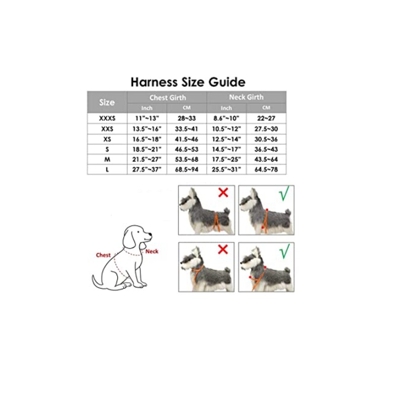 May include: A chart showing a harness size guide for dogs. The chart shows the size, chest girth in inches and centimetres, and neck girth in inches and centimetres. The chart also shows a diagram of a dog with the chest and neck measurements marked.